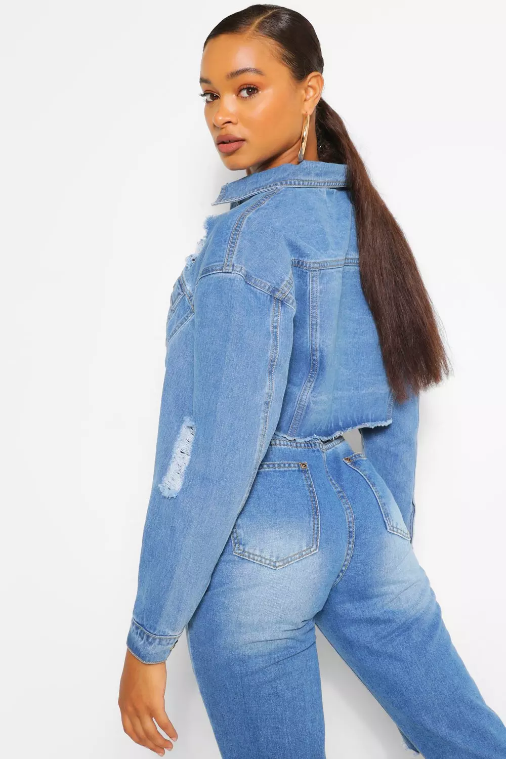 Extreme shoulder cropped denim jacket sale